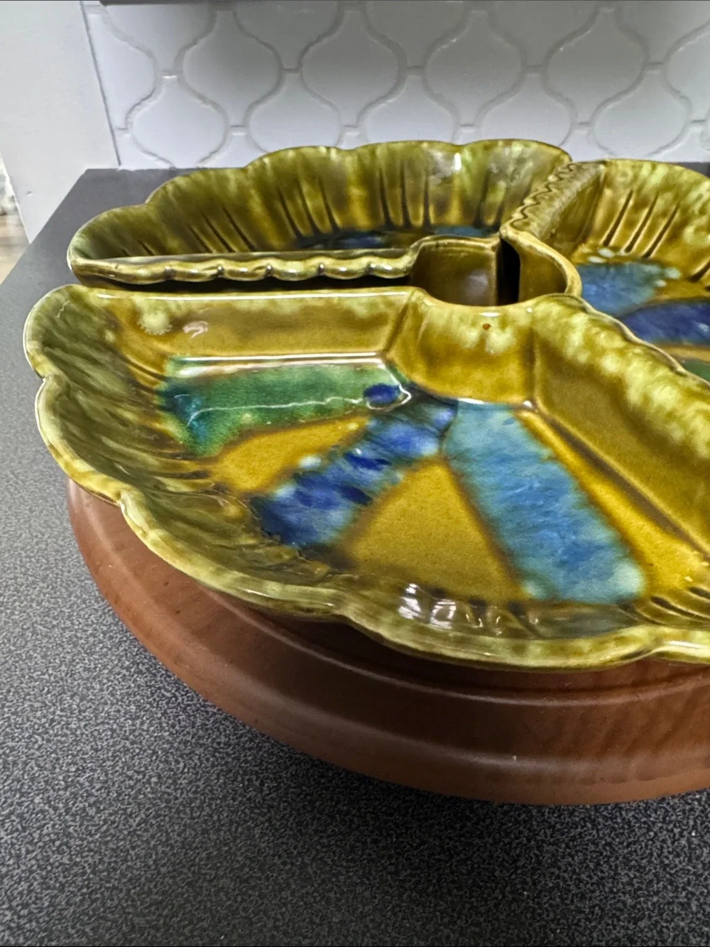 Olive Green Glazed Ceramic Sectioned Serving Tray with lazy Susan
